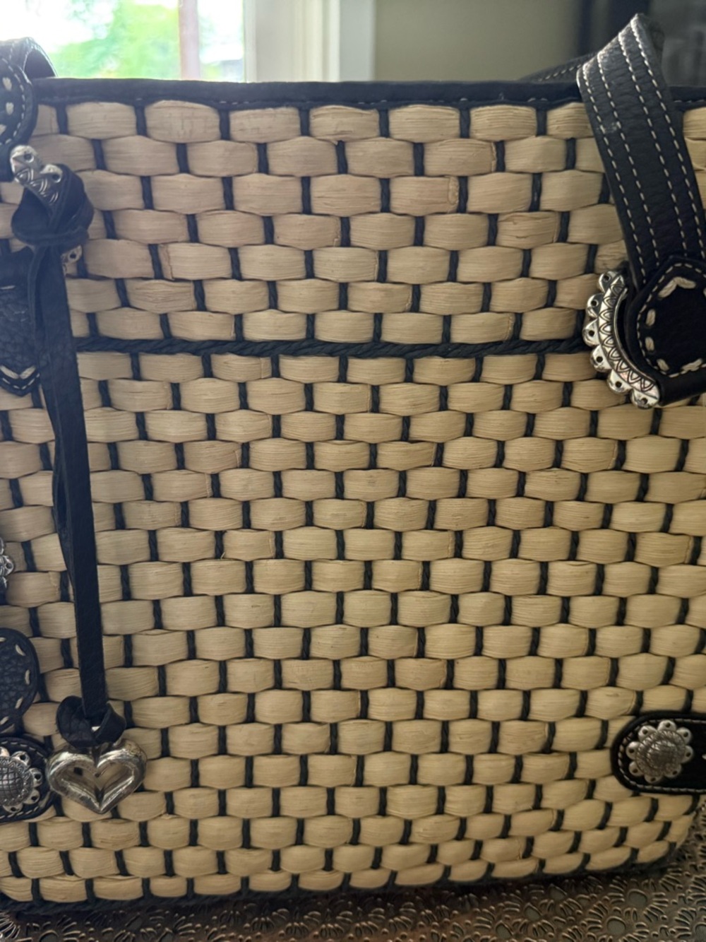 Brighton Cream Woven Tote with Black Trim and Silver Accents